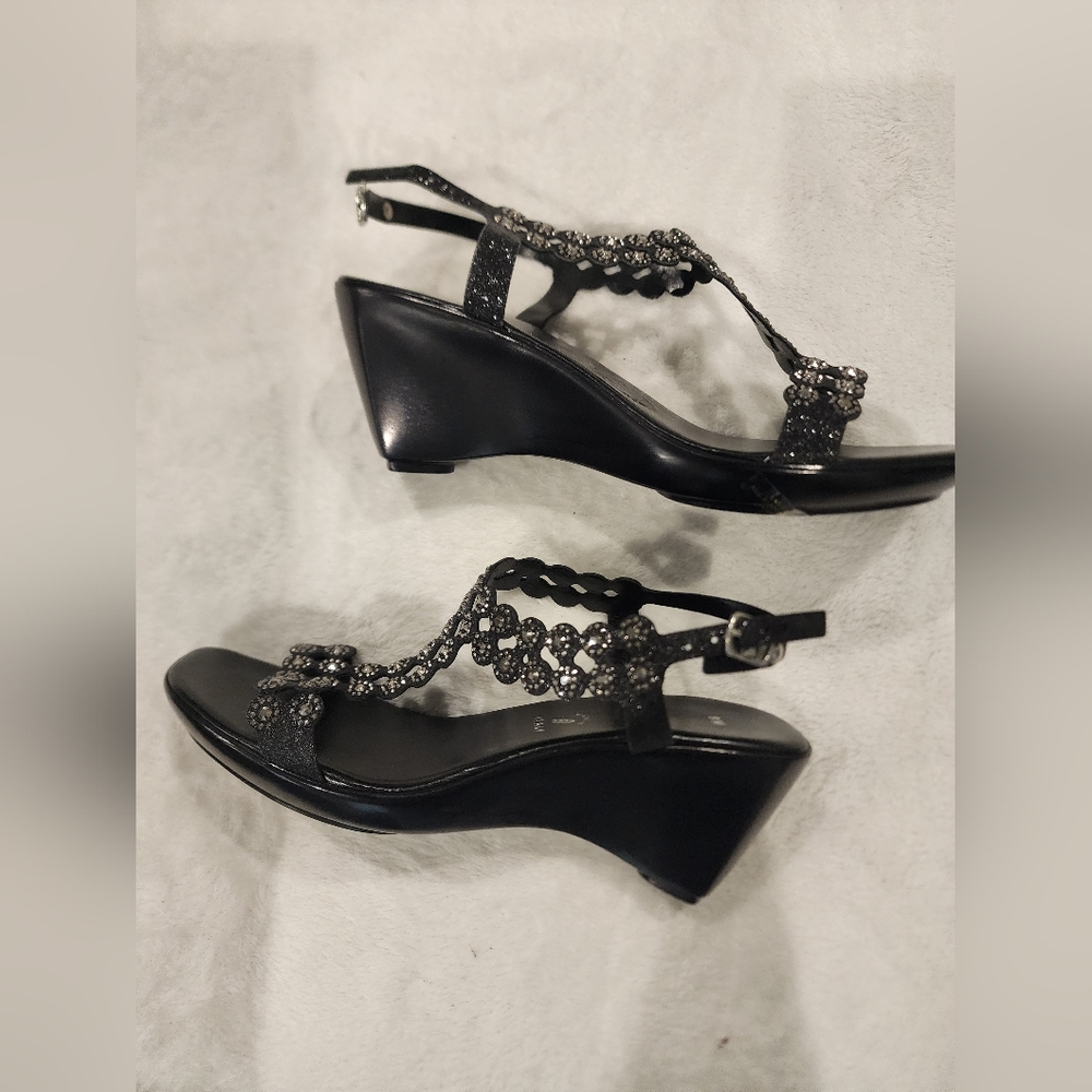 Blingy Black Wedge Sandals - Picture 4 of 5